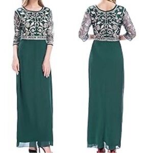 Women Emerald Green Chiffon Beaded Gold Sequin 3/4 Sleeve Long Gown, Sz M, NWT